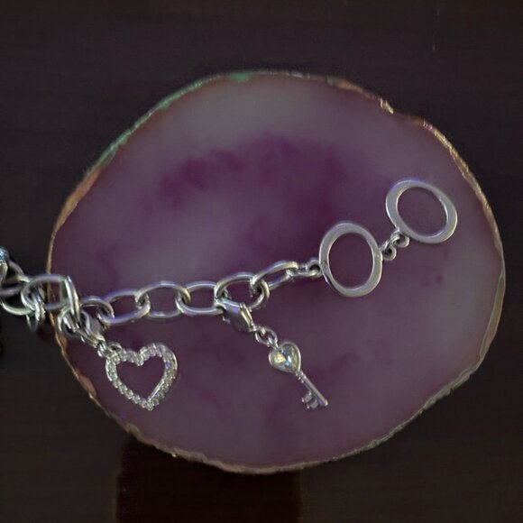 Swarovski Silvertone Toggle Bracelet with Heart Charms, Pink Crystal & Key, 7.75 - Picture 4 of 10